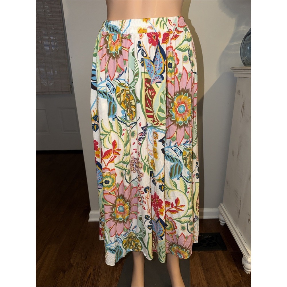 Zara White Floral Full Maxi Skirt Viscose/linen Elastic Waist Peasant Beach S